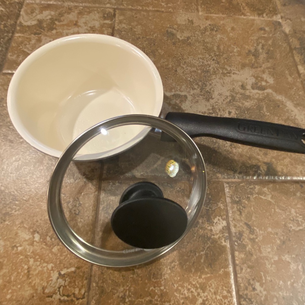 GreenPan Saucepan Small Blue Cream Good Ceramic Nonstick Glass Lid 6.25in
